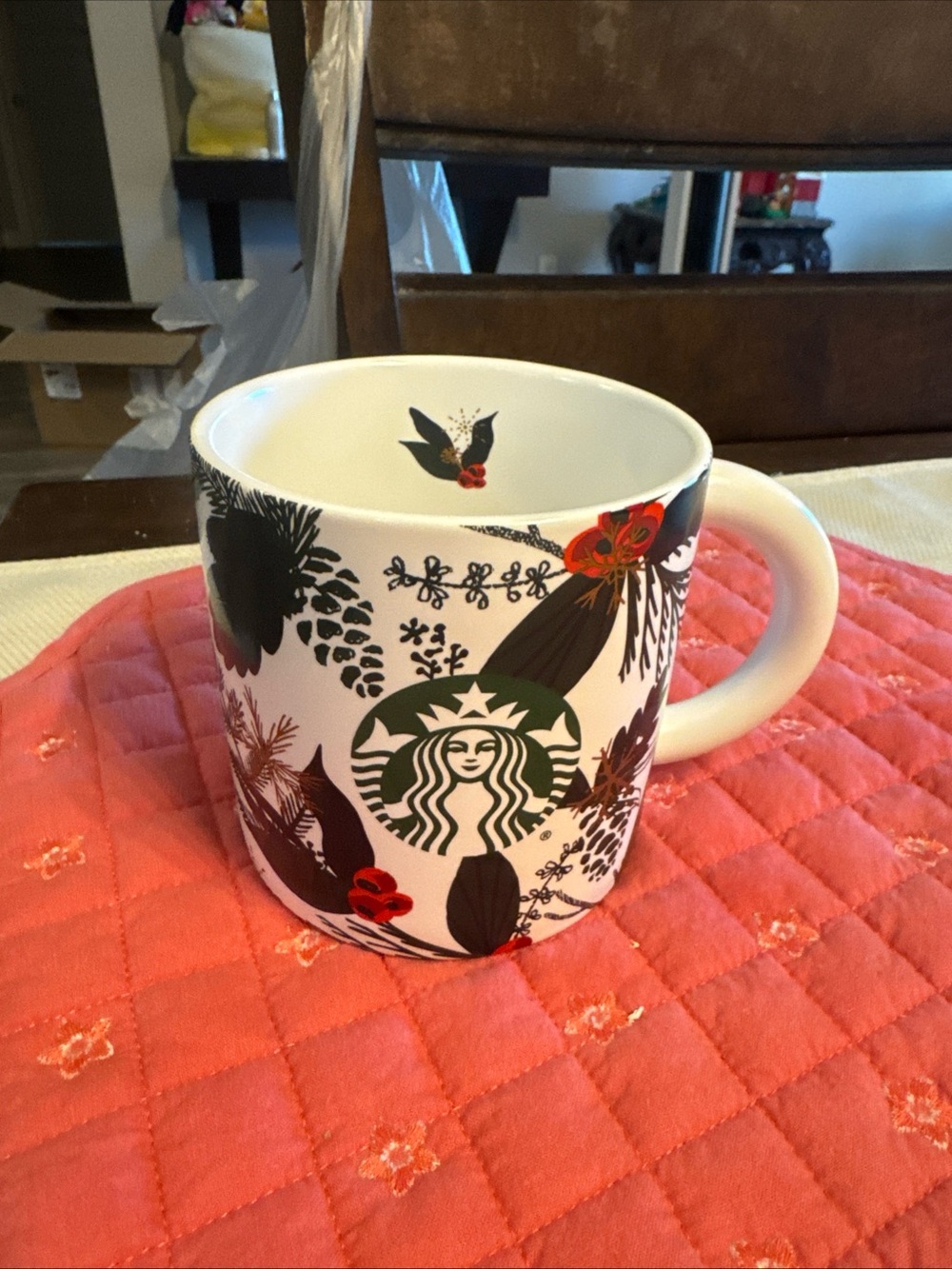 Starbucks White Ceramic Mug with Black Logo and Red Accent